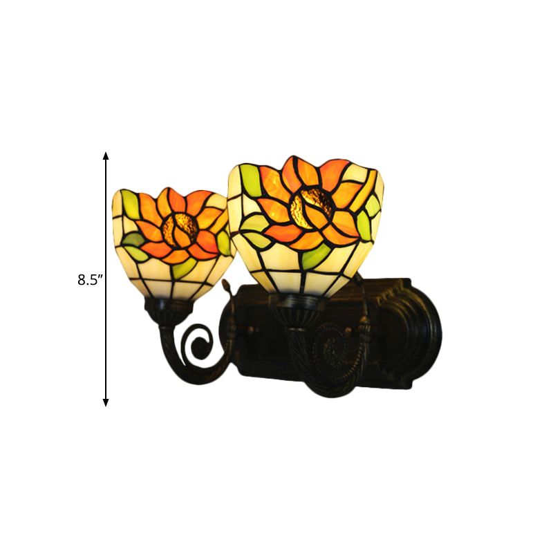 Sunflower Stained Glass Wall Light Tiffany 2 Lights Brass Wall Sconce with Domed Shade for Bedroom
