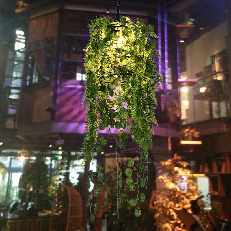 Black Cage Pendant Lighting Fixture Industrial Metal 1 Head Restaurant LED Hanging Ceiling Light with Plant