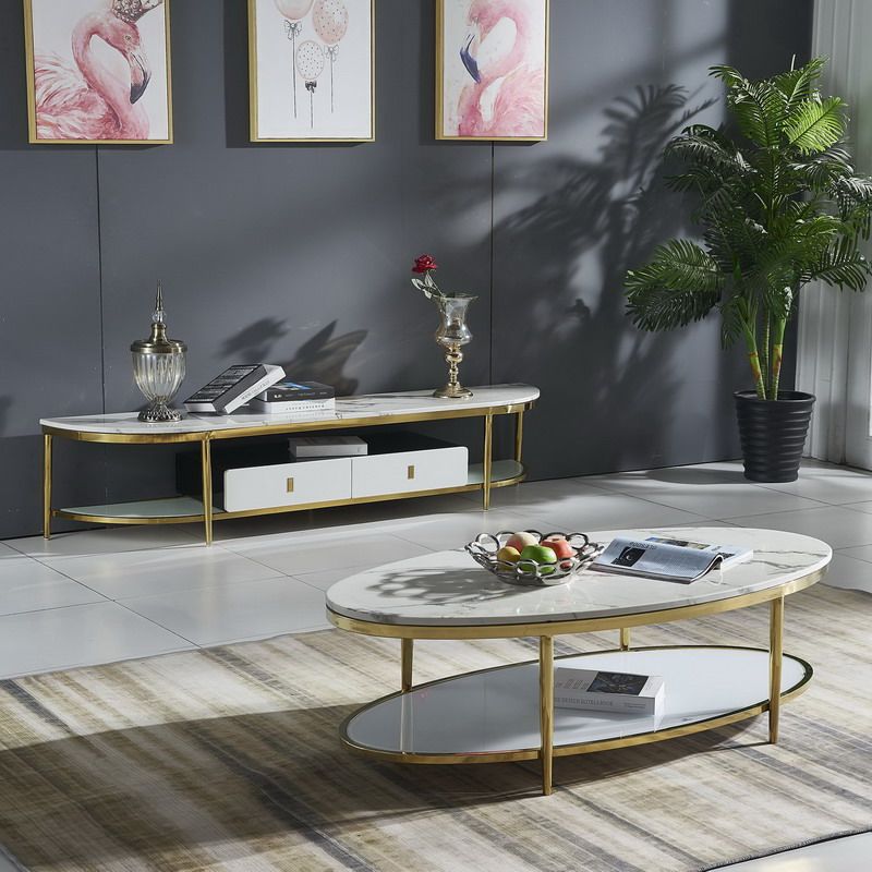 16.5" H Modern 4 Leg Steel Base Marble Oval Top Coffee Table