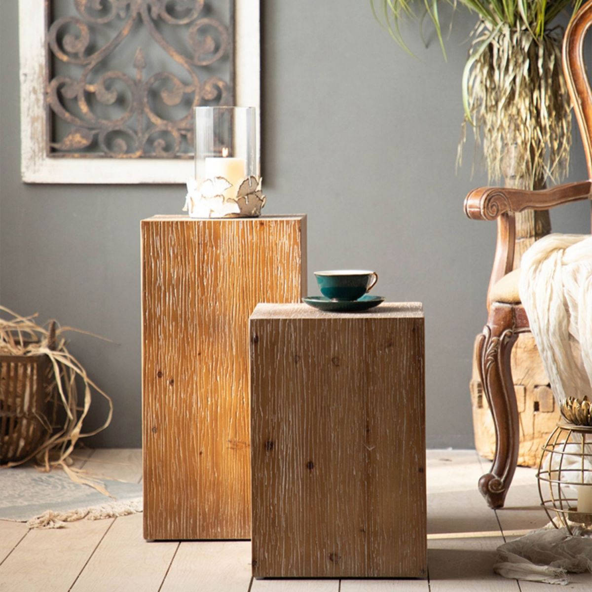 French Country Geometric Wood Coffee Table Distressed Wood Cocktail Table