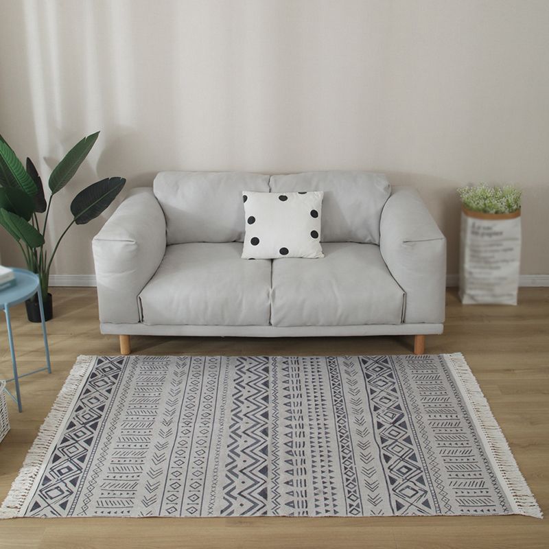 Gray Tone Modern Area Carpet Cotton Ethnic Printing Indoor Rug Easy Care Carpet for Living Room