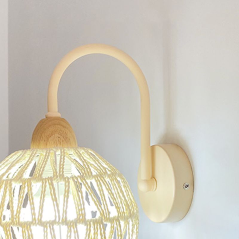 Single Light Wood Wall Sconce Rattan Dome Shade Wall Lighting in White