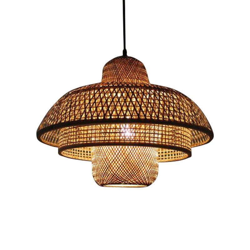 3-Tier Round Cage Pendant Lamp Fixture Asia Bamboo 1 Light Restaurant Suspension Lighting in Beige