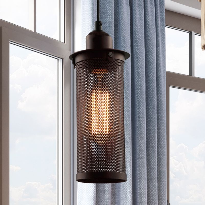 Metal Black/Rust Hanging Pendant Lamp Cylindrical 1 Head Industrial Ceiling Lighting with Mesh Cage Shade