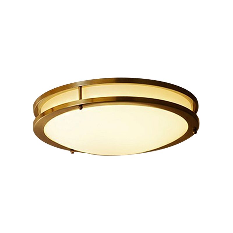 Black/Brass LED Ceiling Mount Traditional White Glass Drum Flush Light Fixture for Corridor in Warm/White Light, 12"/16" W