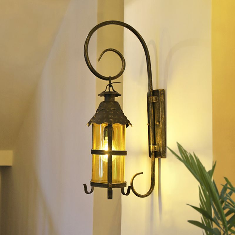 Retro Lantern Wall Mount Lighting 1 Head Metallic Wall Light Fixture with Scroll Arm in Antique Bronze