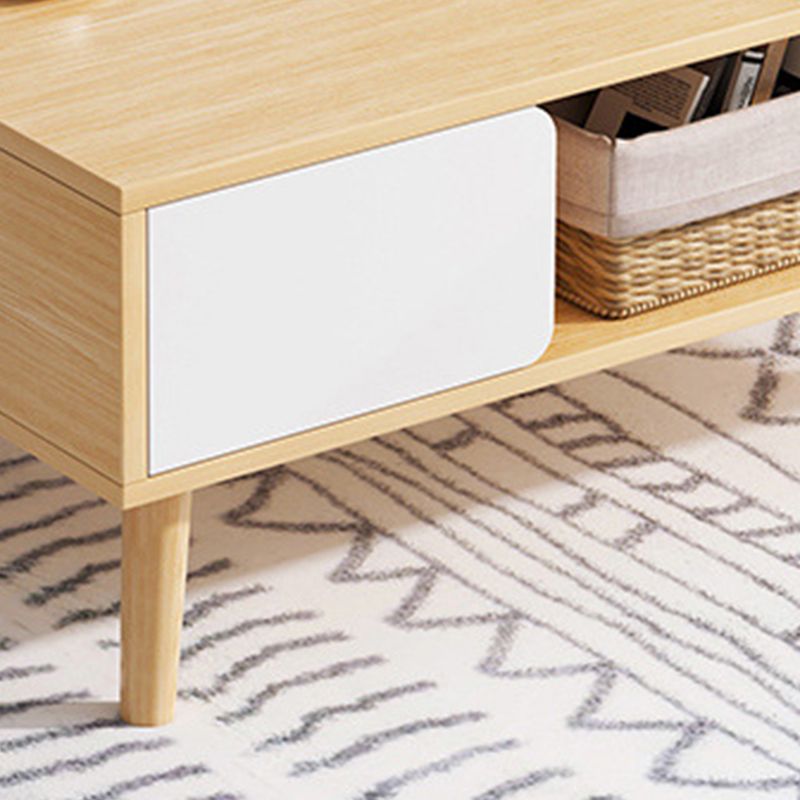 Rectangle Wood Coffee Table 4 Legs Single Coffee Table with Drawer
