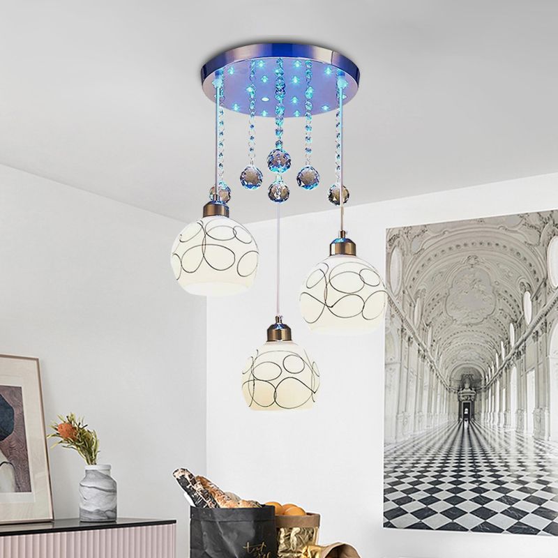 3 Bulbs Dining Room Multi Ceiling Light Modern Chrome Pendulum Lamp with Ball White Glass Shade, Crystal Drop