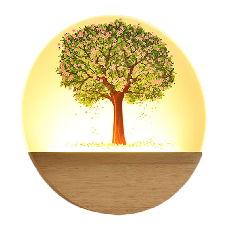 Nordic Style Round Tree Mural Lamp Acrylic LED Guest Room Wall Mounted Light Fixture in Wood