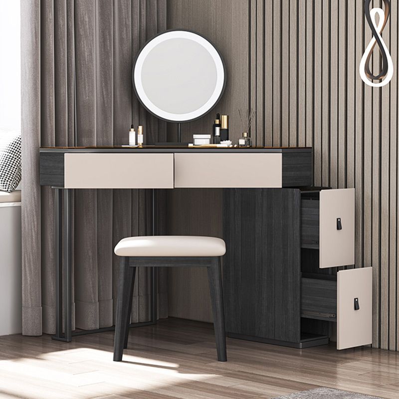 Modern Corner Vanity Table Stool and Mirror Set Glass Top 4-Drawer Dresser