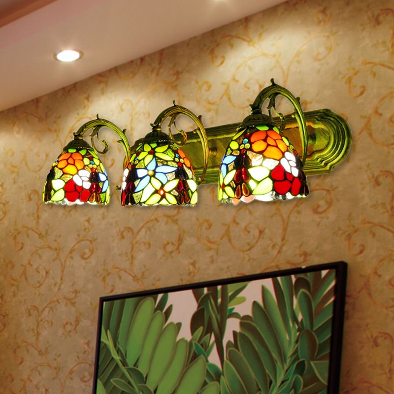 Rustic Dome-Shaped Wall Lighting Stained Glass 3 Lights Colorful Wall Sconce Lighting with Flower Pattern