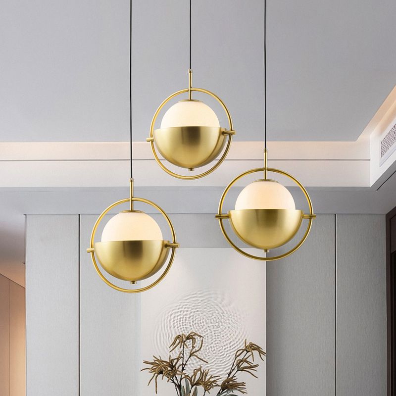 Brass Orb Pendant Lighting Contemporary 1-Light Opal Glass Hanging Lamp Kit with Metal Frame