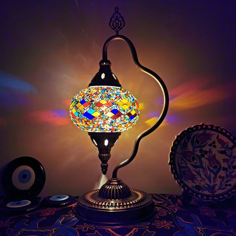 Stained Art Glass Globe Table Lamp Art Deco 1 Head Restaurant Night Light with Curvy Arm in White/Red/Yellow