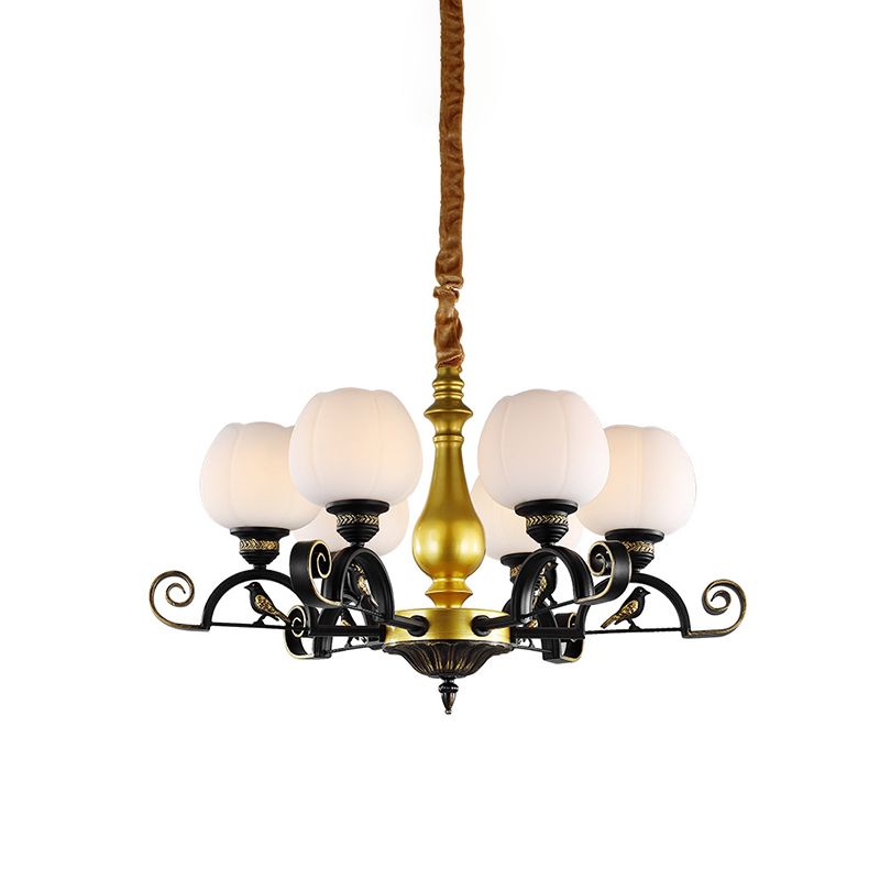 Studio Bloom Studio a pendente lampadario retrò vetro opale a 6 luci nere e oro soffitto con arredamento per uccelli