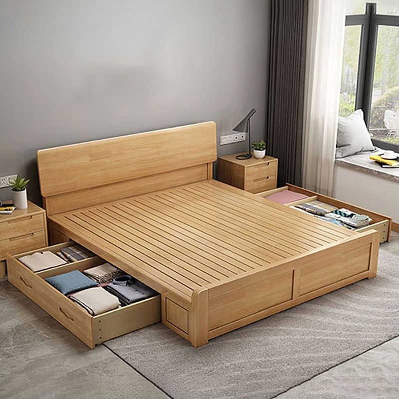 Scandinavian Penal Bed with Rectang Penal Headboard and Wooden Legs