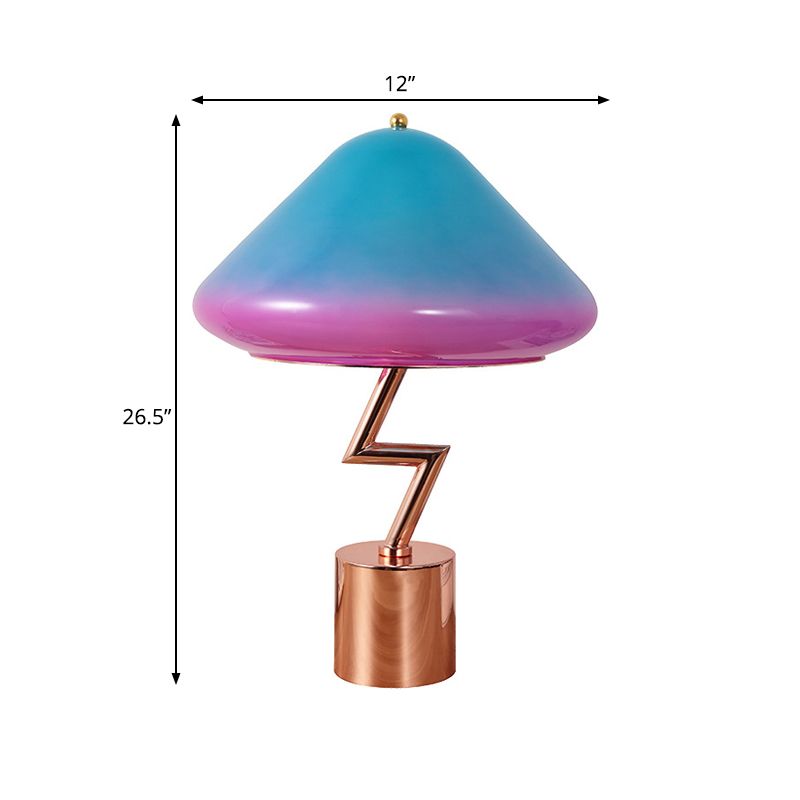 Lampada da tavolo a zigzag in oro rosa Macaron Lampada da notte in metallo a 1 luce con paralume in vetro colorato sfumato a campana