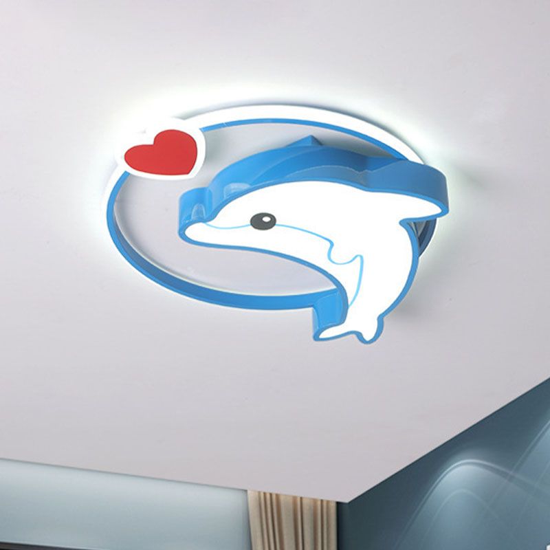 LED Nursery Ceiling Lamp Kids Blue Flush Mount Lighting Fixture with Dolphin Acrylic Shade, 16"/19.5" Width