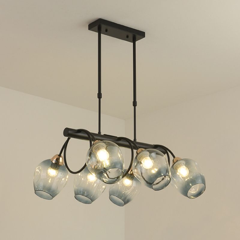 Wine Cup Island Light Modern Dimpled Blue/Green Ombre Glass 6/8/10-Head Black Suspended Lighting Fixture
