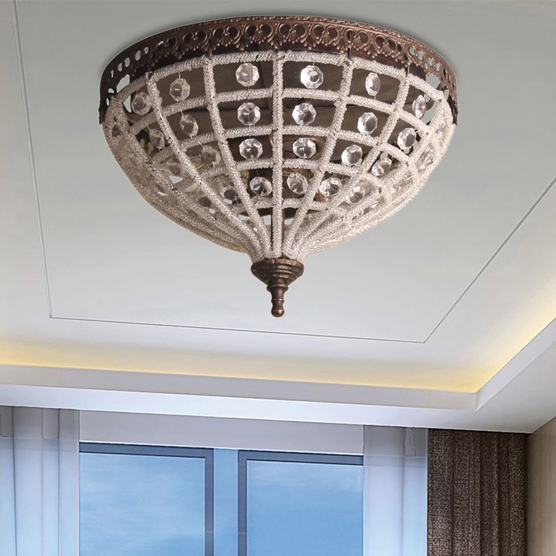 2 Lights Bedroom Flush Light with Basket Crystal Shade Vintage Bronze Ceiling Light Fixture
