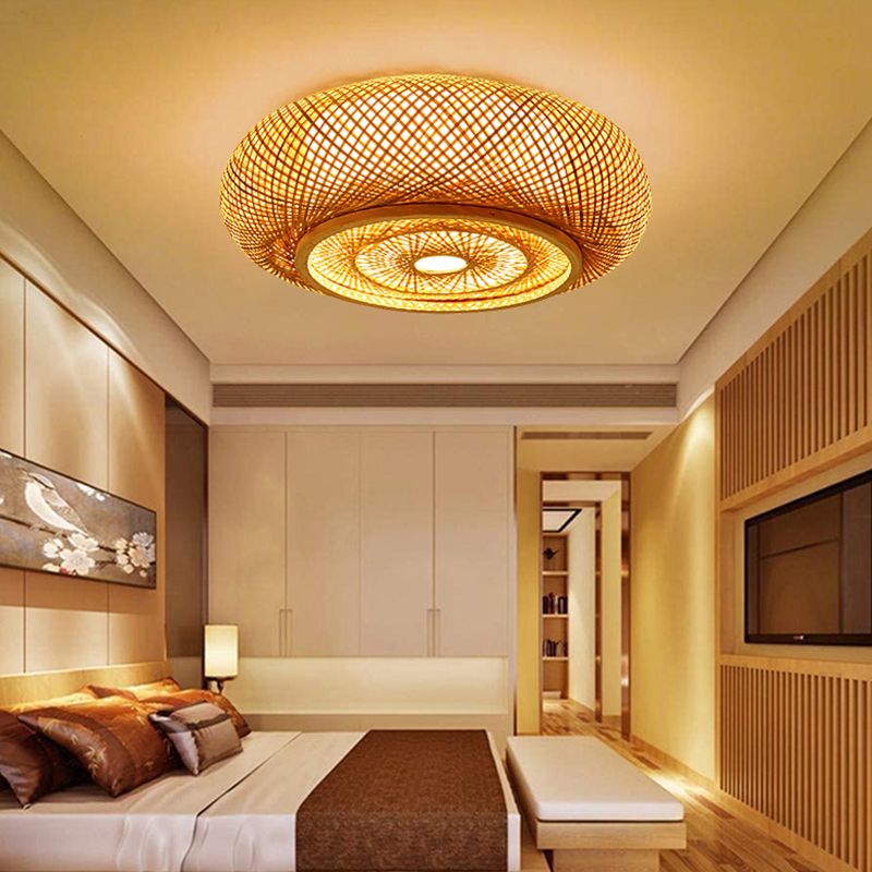 Drum Bamboo Flush Mount Lamp Asian Style Ceiling Lamp for Sitting Room