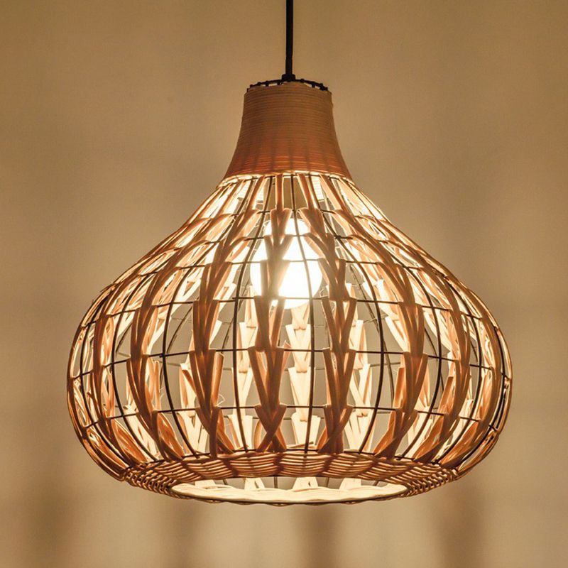 Pear Shaped Suspended Lighting Fixture Rustic Bamboo Single Restaurant Pendant Light in Wood