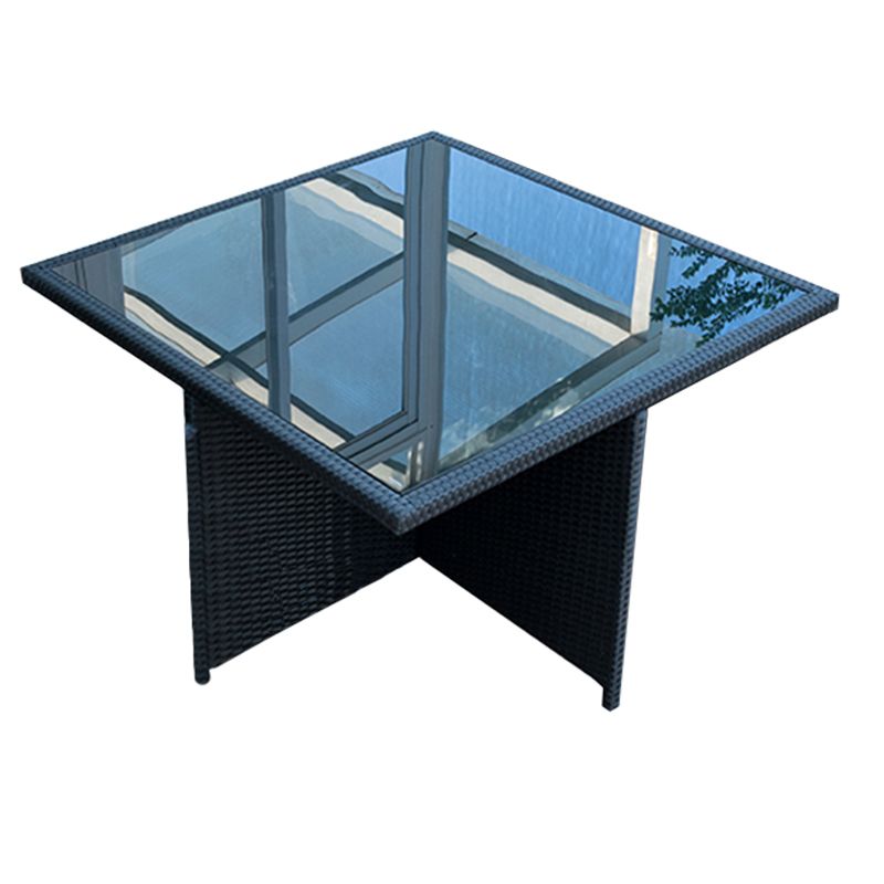 Rattan Dining Table Set with Black Tempered Glass Table for Courtyard