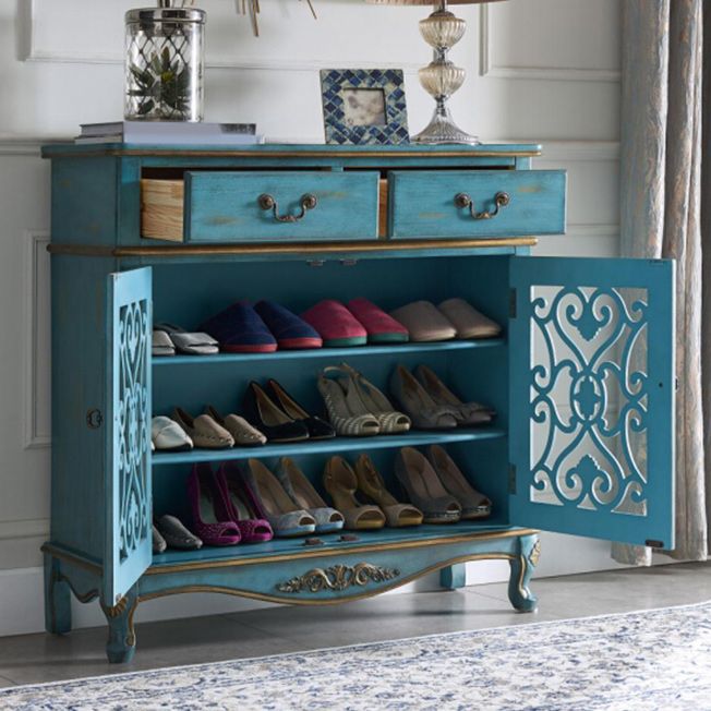 Industrial Solid Wood Accent Cabinet with 2 Drawers and 2 Doors