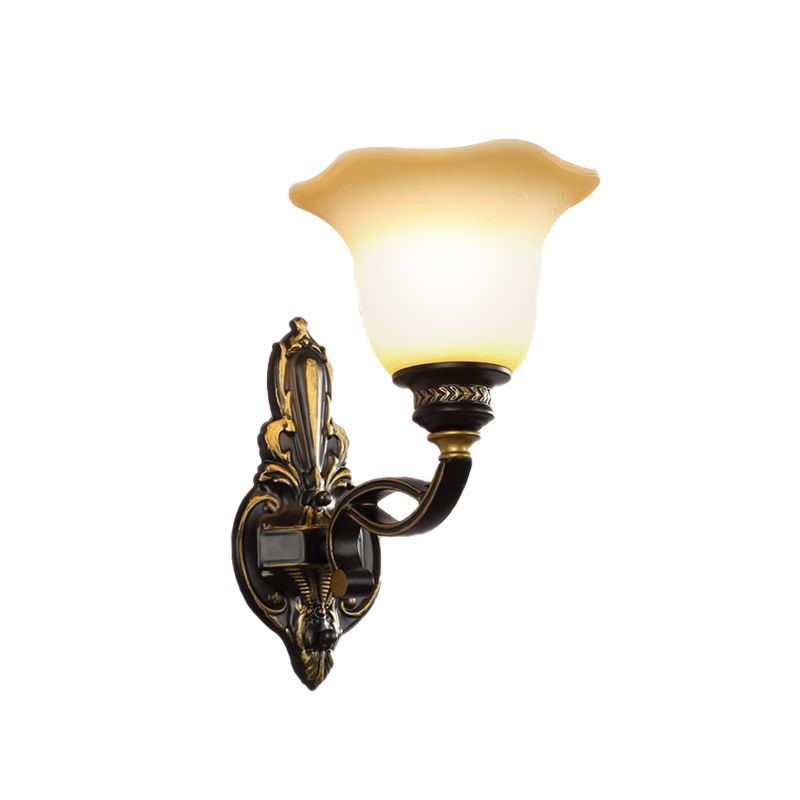 Black Blossom Wall Mounted Light Traditional White Glass Shade 1/2-Light Bedroom Wall Sconce with Metal Curvy Arm