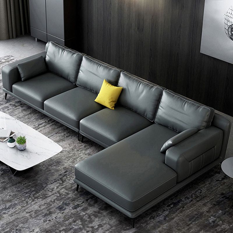 Stationary Genuine Leather Living Room Recessed Arm Pillows Sofa