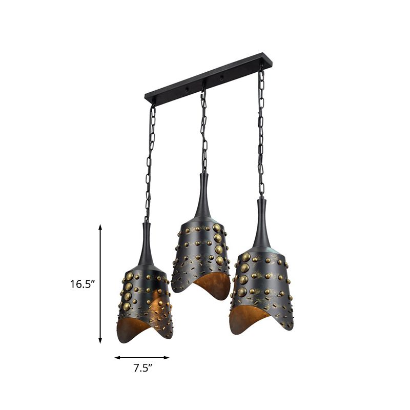 Cone Kitchen Cluster Pendant Factory Iron 3 Heads Black Hanging Ceiling Light with Ruffle Edge