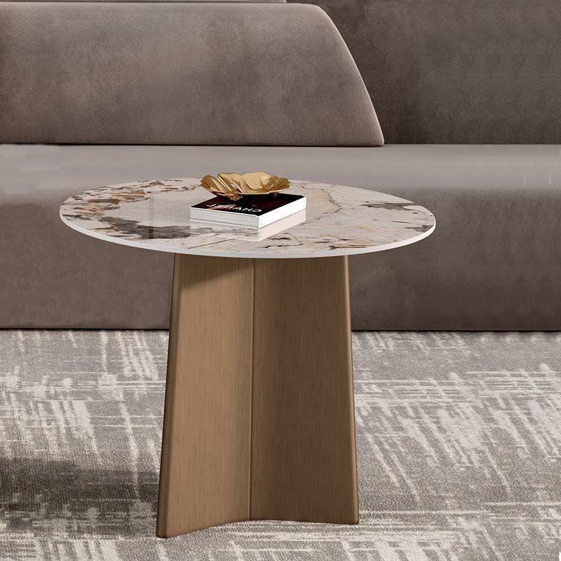 Round  Stone Side Table with 1 Leg Metal Base Side End Snack Table
