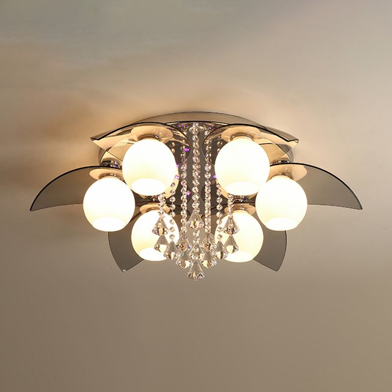 Lámpara de techo de globo de metal de estilo moderno y lujoso con montaje empotrado de cristal plateado y decoración de cristal