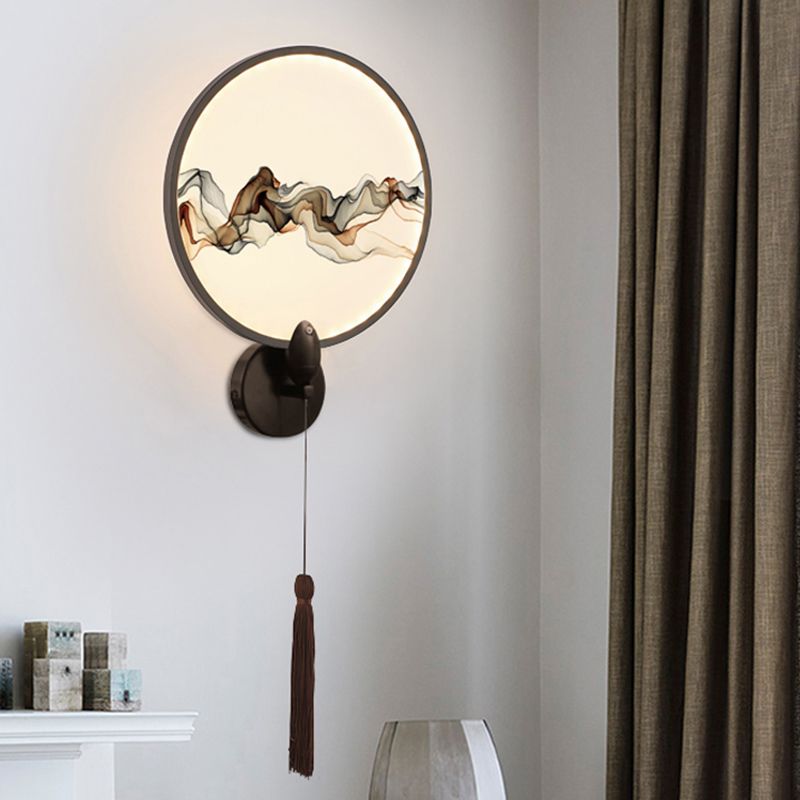 LED Bedroom Wall Mounted Light Oriental White/Black Smoke Patterned Mural Light with Round Metallic Shade