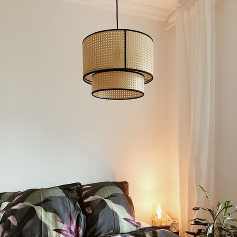 Beige Hand-Worked Pendant Chinese Style 1 Bulb Bamboo Cylindrical Hanging Light for Dining Table