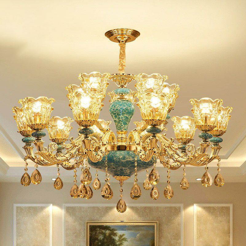 Luxe traditionele bloem omhoog kroonluchter helder glazen ophanging licht in blauw met kristallen druppels