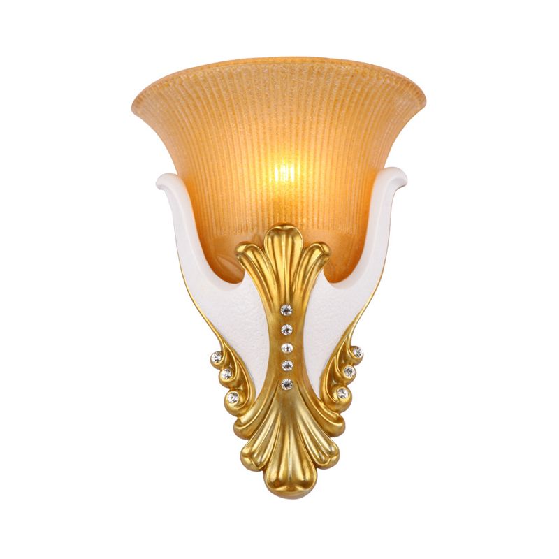 1 Light Ribbed Glass Wall Light Vintage White/Yellow Bell Shaped Bedside Sconce Light, 9.5"/13" Wide