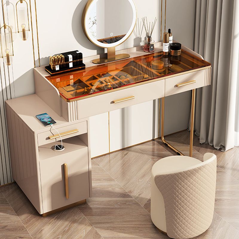 Glass Make-up 15.74" Wide White Vanity Makeup Vanity Desk Table with 3 Drawers