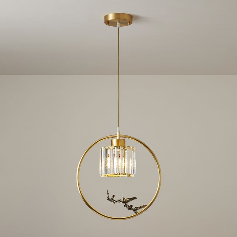 1-Light Crystal Cylinder Down Lighting Modern Gold Circle Dining Room Suspension Pendant with Decorative Bird/Dragonfly