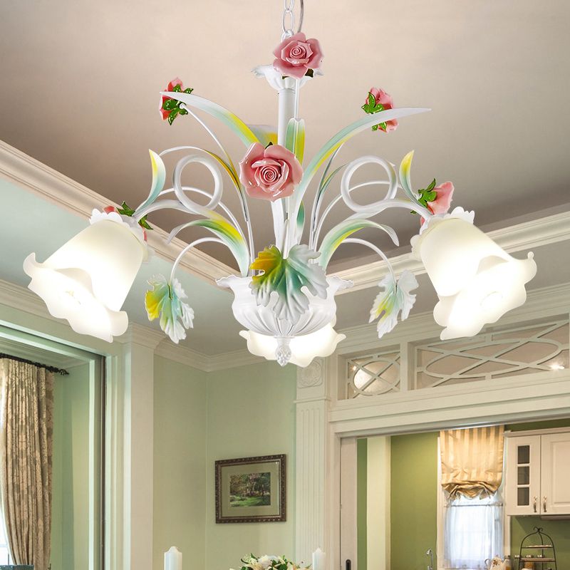 White Glass Rose Chandelier Light Countryside 3 Bulbs Living Room Pendant Lighting Fixture