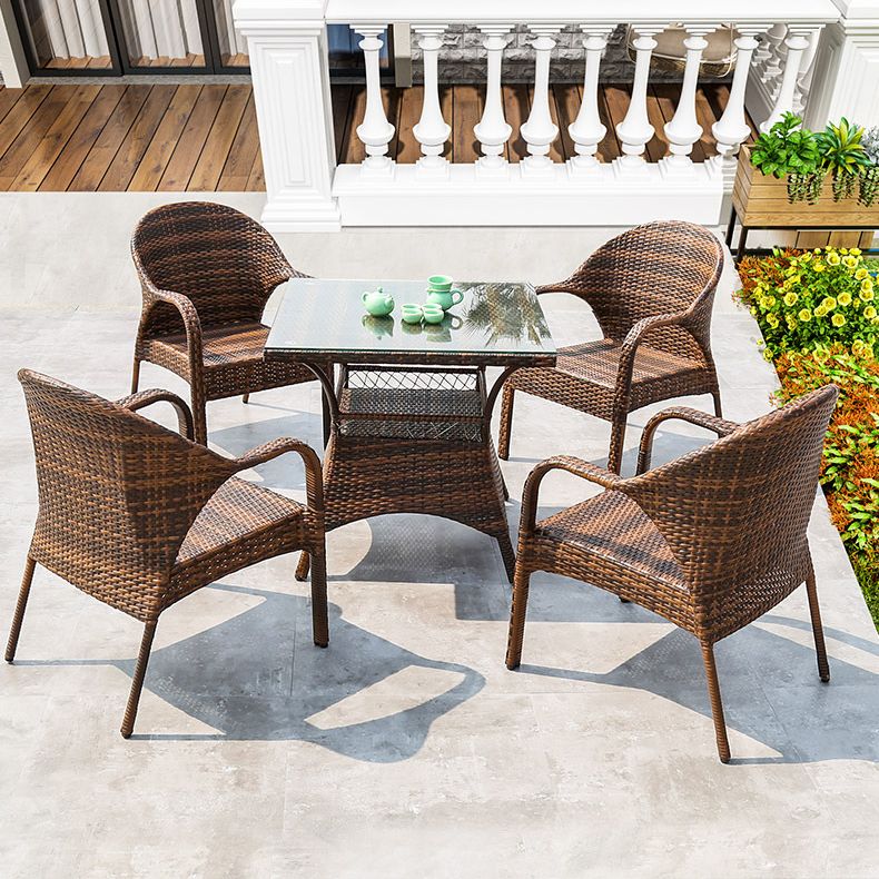 Modern Tempered Glass Outdoor Table Set 1/5 Pieces Dining Table with Rat Base