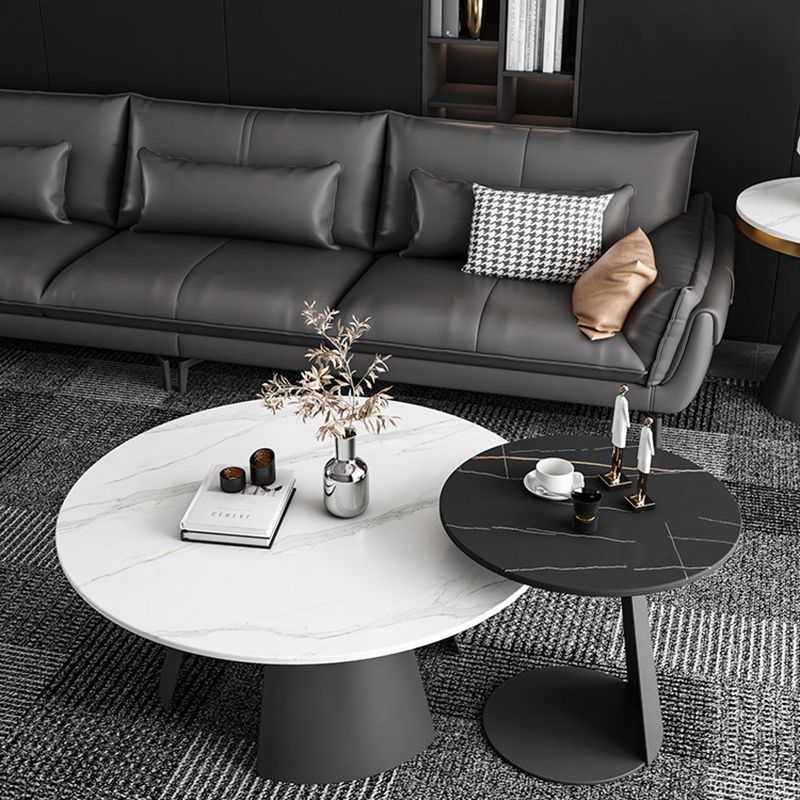 Modern Style White Rock Slab Top Metal Craft Round Coffee Table