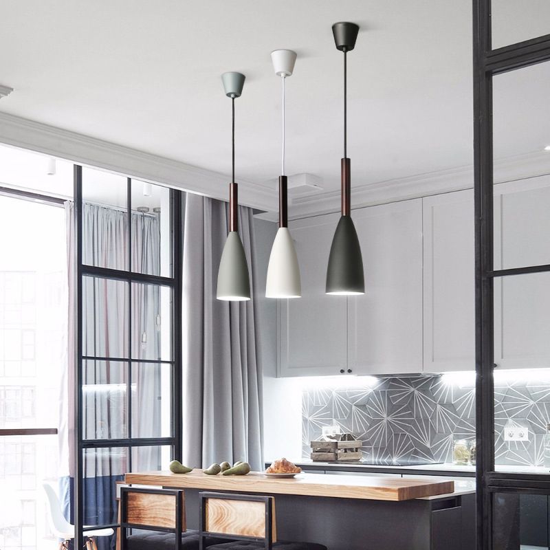 Modern Concise Macaron Pendant Light Wooden Cone Hanging Lamp with Wrought Iron Shade