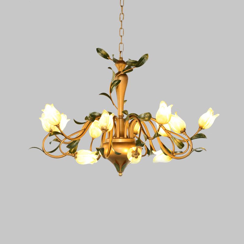 Frosted Glass Brass Hanging Chandelier Floral 15 Lights Countryside Down Lighting Pendant for Bedroom