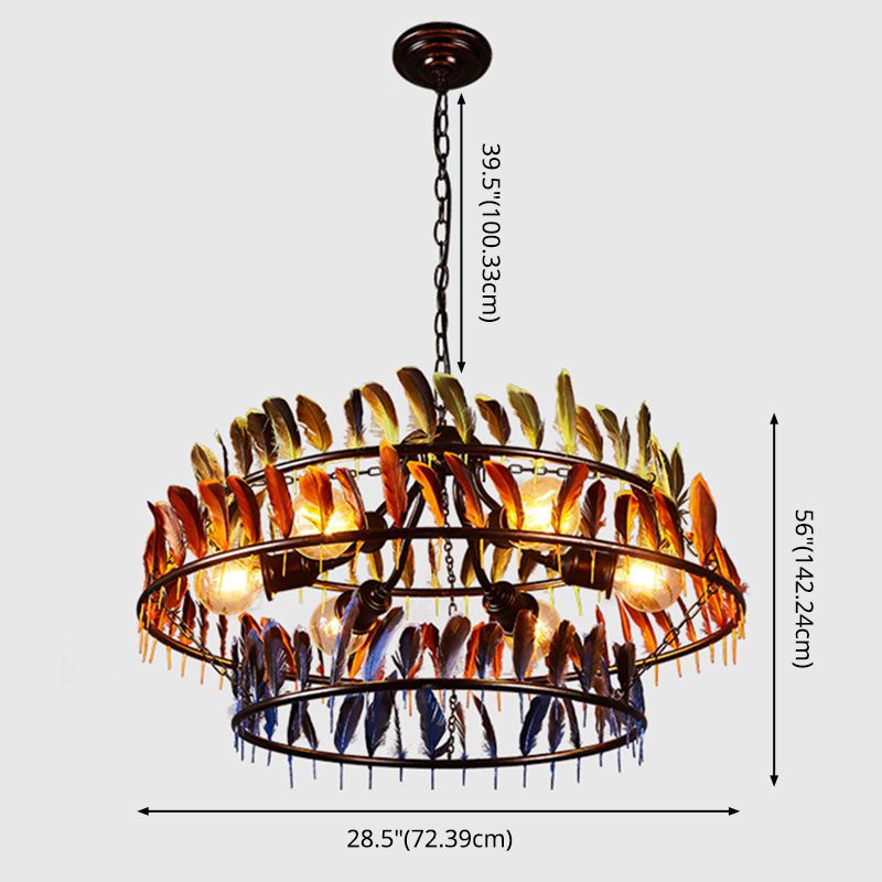 Round Feather Hanging Chandelier Lamp Art Deco Bar Ceiling Pendant Chandelier