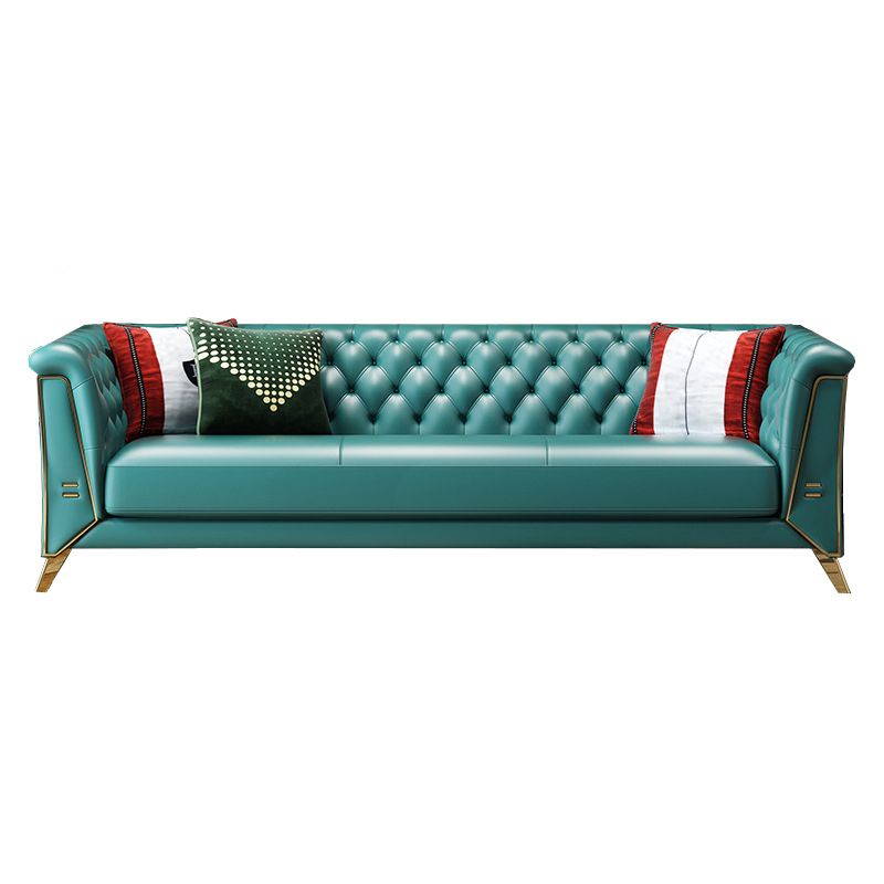 Contemporary Tufted Back Chesterfield Settee Genuine Leather Rolled Arm Sofa