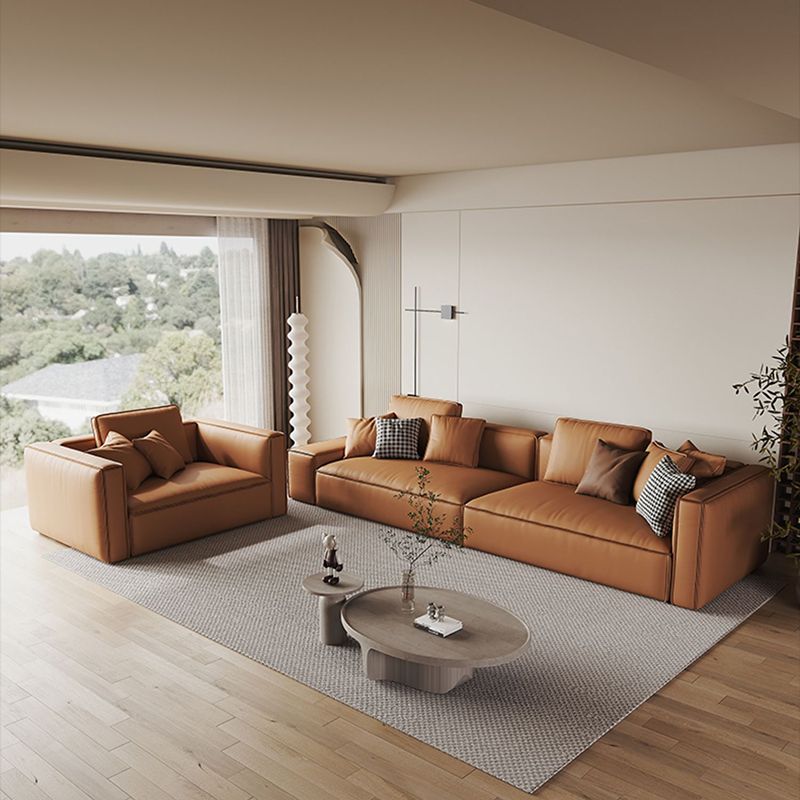 Genuine Leather 2-seater Orange Square Arm Sofa for Bonus Room