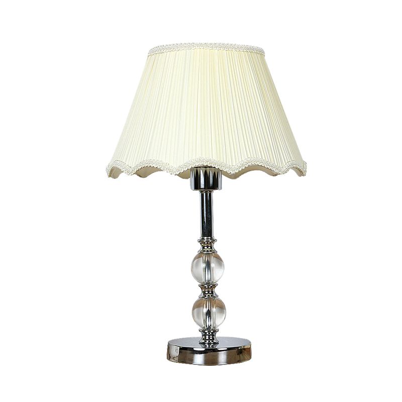 White Scalloped Night Lamp Traditional Fabric Single Head Bedroom Table Light with Crystal Ball Accent