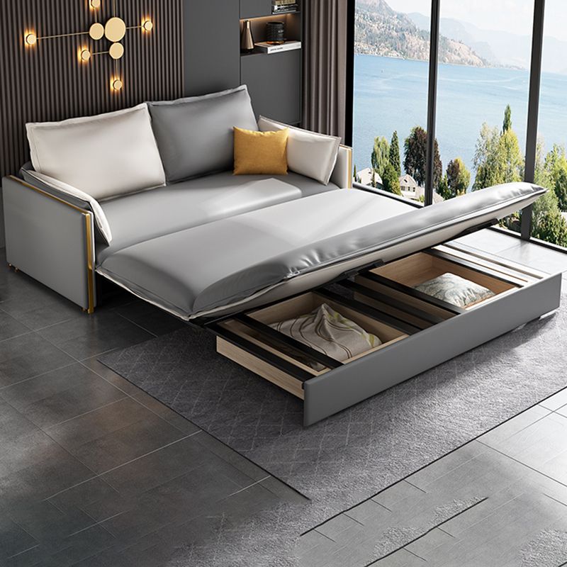 Modern Square Arm Faux Leather Sofa Bed with Pillows for Bedroom