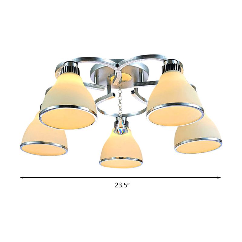 Cone Semi Flush Modern Crystal 5 Lights Living Room Semi Flush Ceiling Light in Chrome with Opal Glass Shade