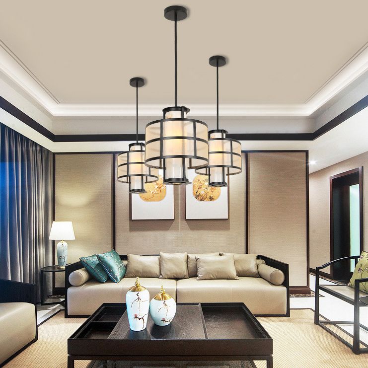 Double Cylinder Linen Shade Pendant Hanging Lamp Modern 1 Light Hanging Ceiling Light for Bedroom